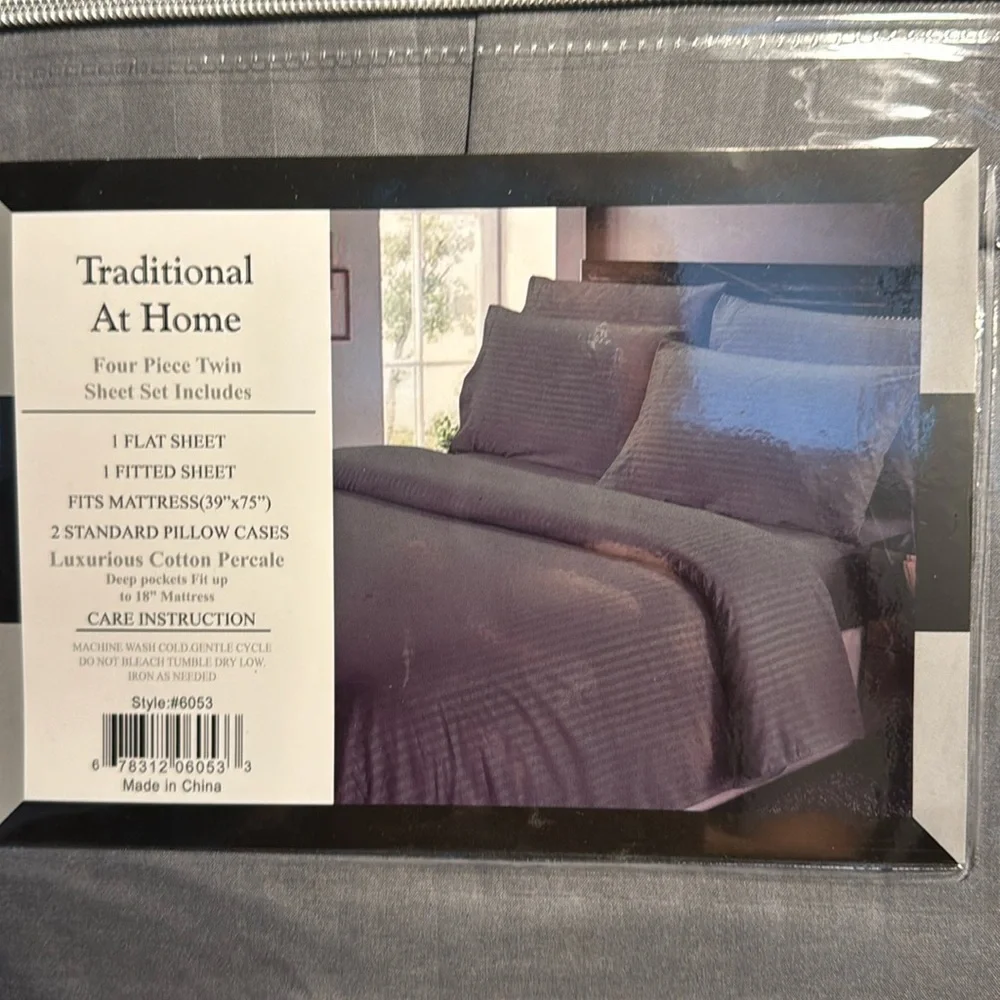 Traditional At Home 4pc Twin Sheet Set Gunmetal Grey Stripes embossed